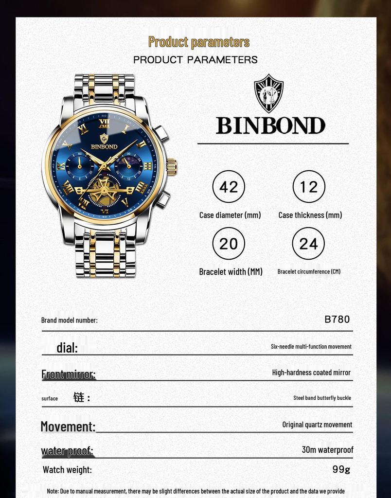Binbang Luminous Skeleton Waterproof Quartz Men's Watch