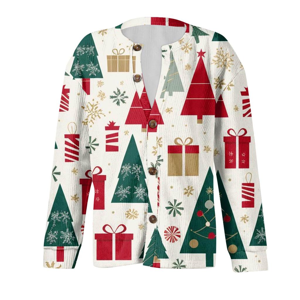 Women's Fashion Christmas Printed Long Sleeve Knitted Cardigan Button Down Jacket