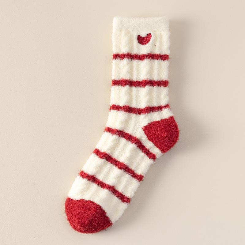 Red Australian Velvet Socks Female Cute Flower Bow Embroidered Medium Tube Socks Velvet Thickened Warm Winter Sleep Socks