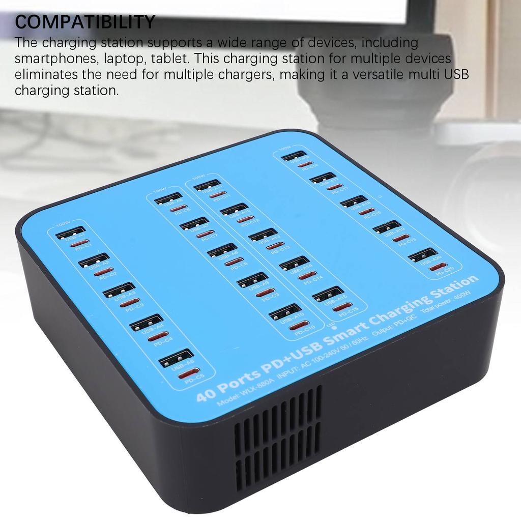 USB Charger Station 40 Port 400W Multiple USB Charging Station Multi Ports USB PD Charger for