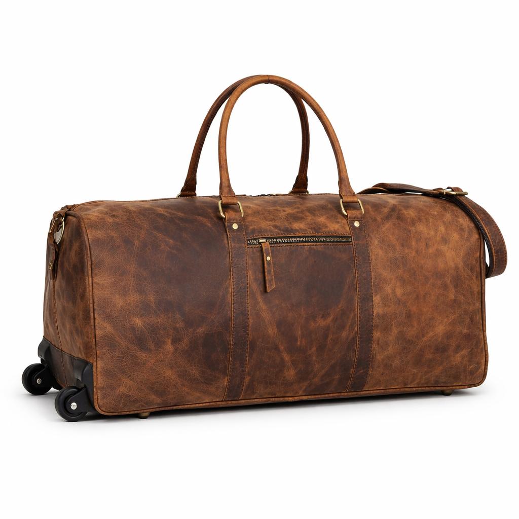 Handmade Leather Trolley Duffel Bag Mens Travel Duffel On Wheels Carry On Cabin Luggage Overnight Duffel Christmas Gift for Men and Women