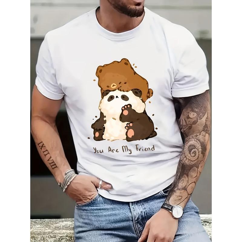 European Size Cute Cartoon Panda Pattern T-shirt, Men's Casual Street Style Stretch Round Neck Tee Shirt For Summer