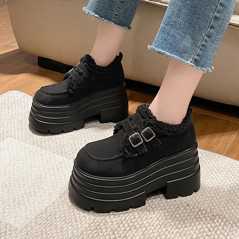 New Winter Chunky Casual Snow Shoes Woman 10CM High Platform Wedge Heels Warm Fur Sneakers Fashion Women Buckle Leather Shoes