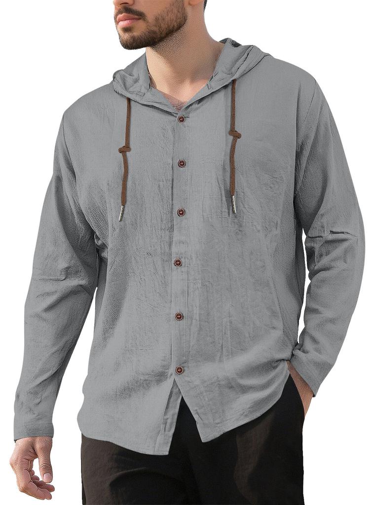 Men's 100% Cotton Hooded Drawstring Shirt, Solid Color Loose Fit Long Sleeve Casual Beach Overshirt for Men