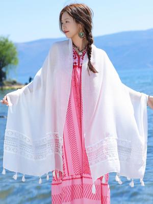 Elegant Women Silk Scarf White Embroidery Beach Wrap Shawls Sheer Solid Lady Sunscreen Bandana Hijab Mujer Bohemian Scarve Pareo
