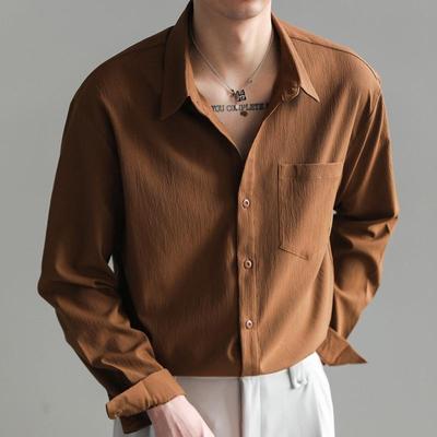 Pánská hnědá texturovaná košile na knoflíky Ležérní detail kapsy Oversized Streetwear Top