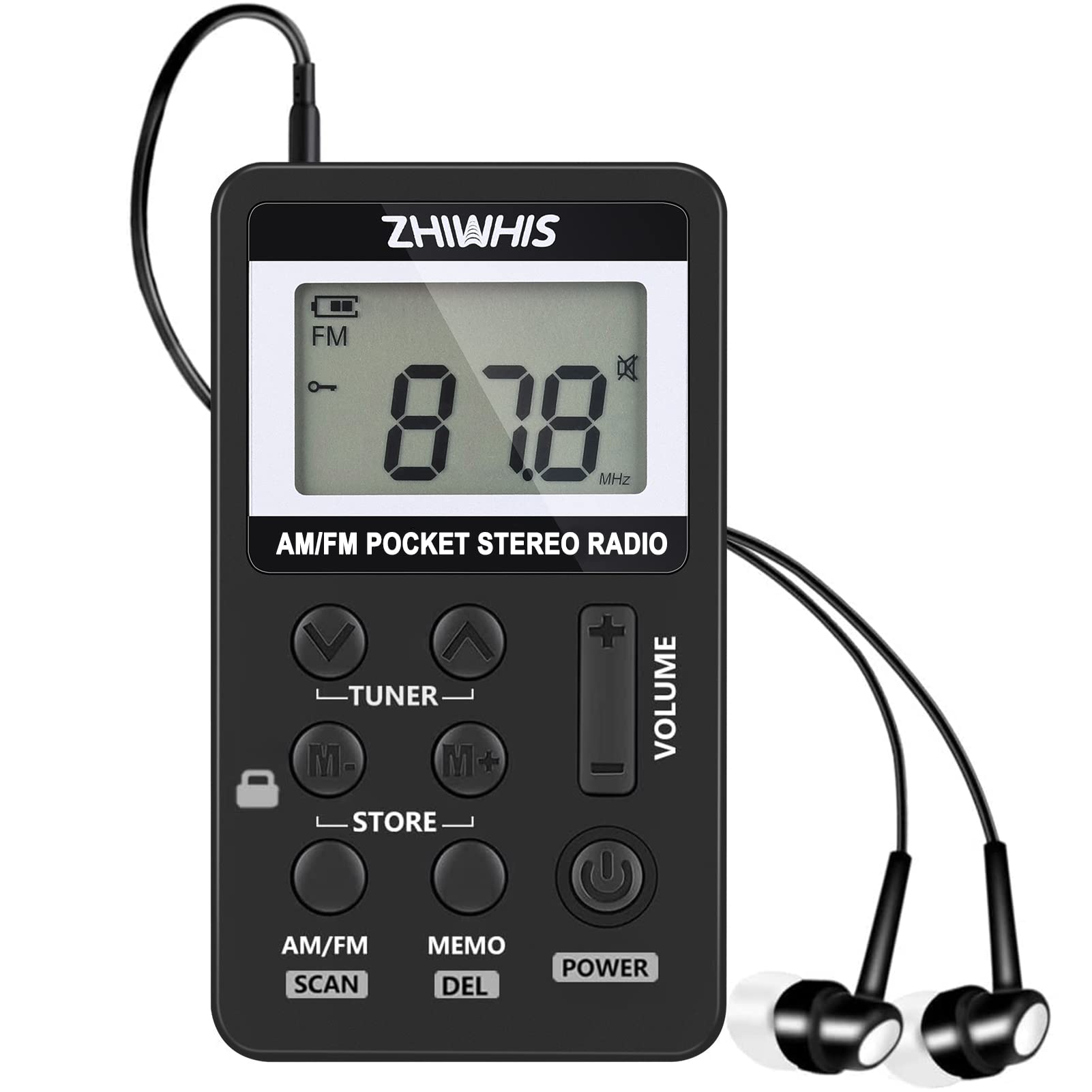 

ZHIWHIS Portable Commuter Radio, AMFM 2-Band Digital, DSP High Sensitivity, Wide FM Compatible, Mini AMFM Radio, LCD Display, Stereo Earphones, USB