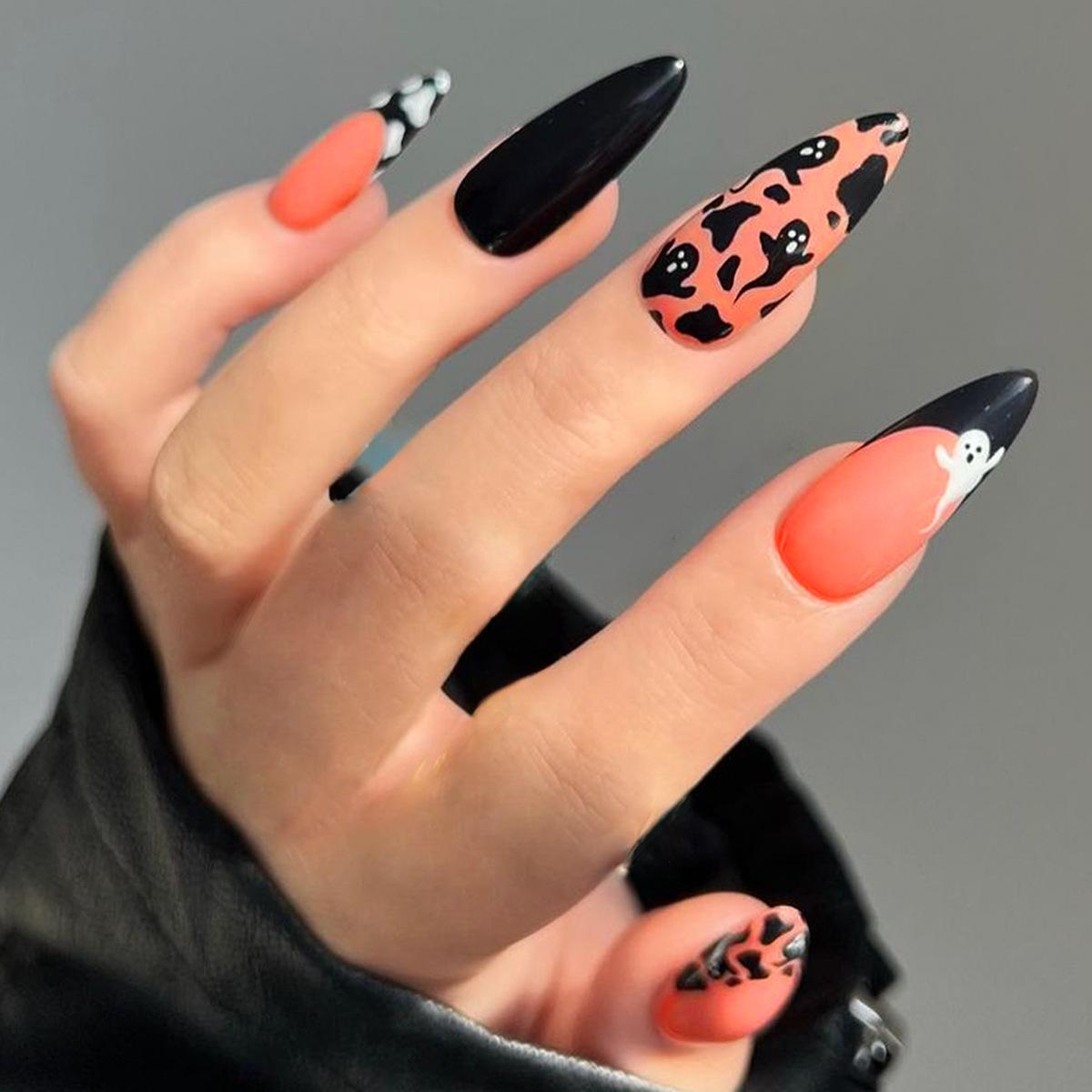 

BEPAN 24pcs Halloween Dark French Style Press on Nails Pink Black and White Spots 3D Fake Nails Full Cover Wearable False Nails