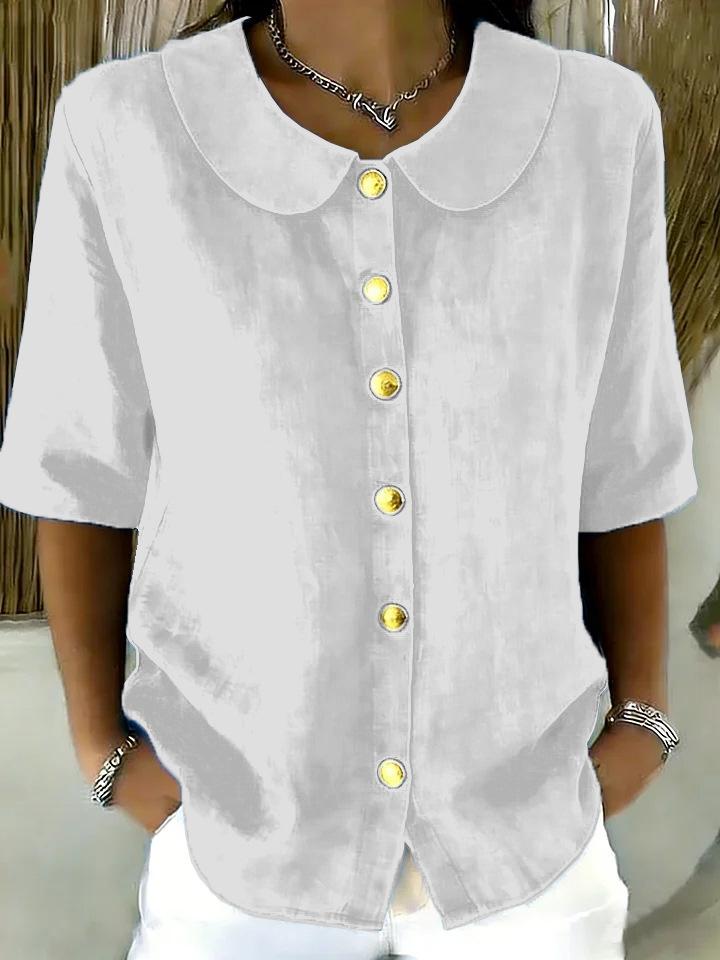 Elegant Commuting Loose Solid Button Half Sleeve Shirt For Women