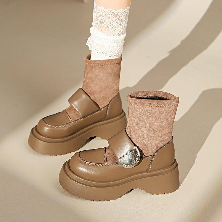 

[youshilai] thick-soled short boots Martin boots women s British style small leather shoes autumn new socks thin boots 40