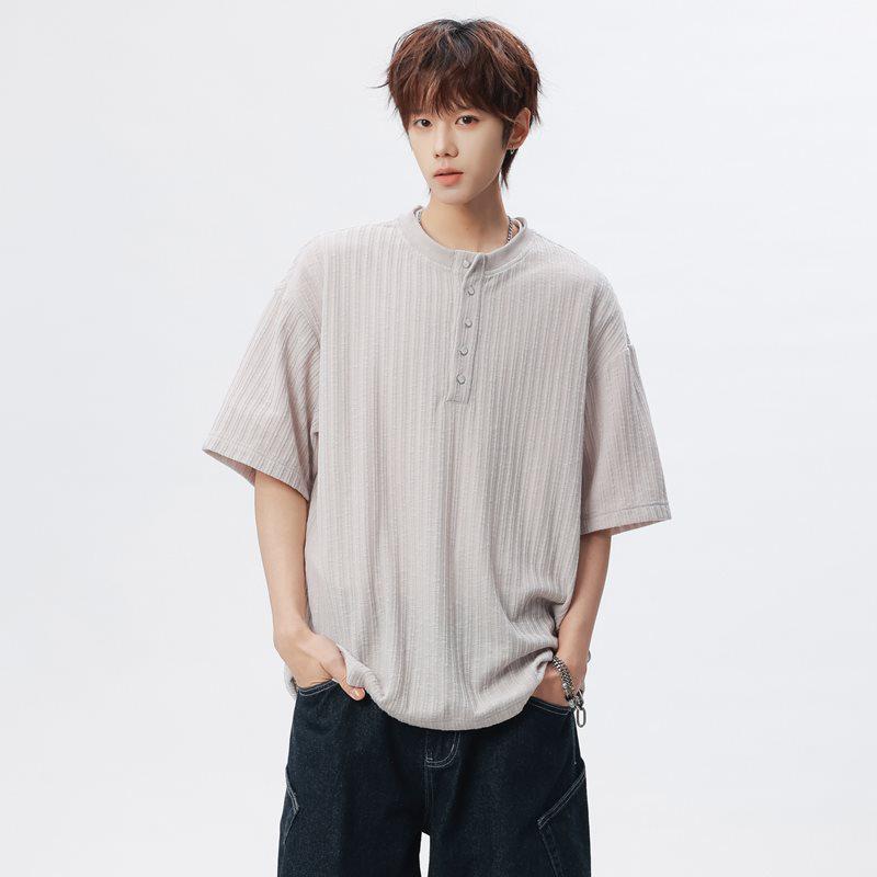 Golden Spear 2026 Summer Unisex Round Neck Hollow Button Half Sleeve T-shirt KF037