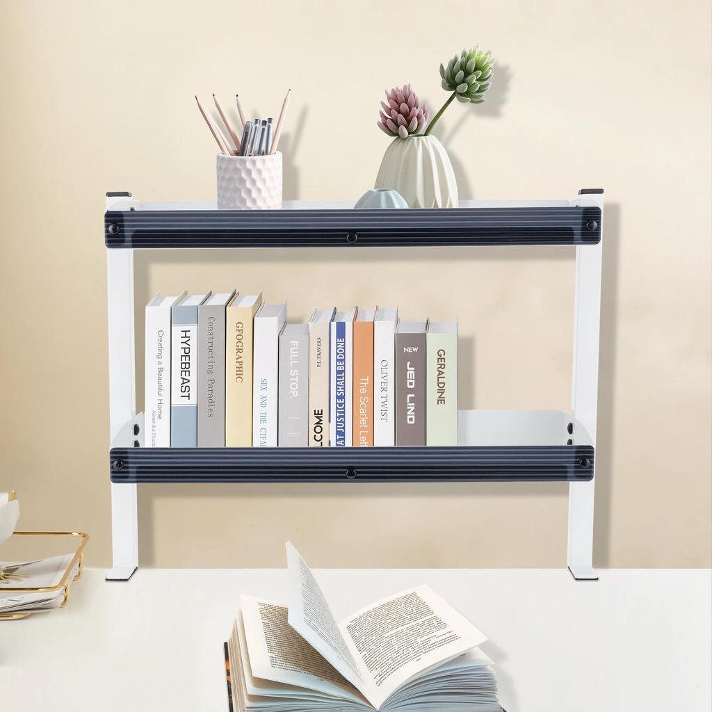 Metal Clamp-On Desktop Stand, Double-Layer Storage Rack with Adjustable Storage Tray, Space-Saving,  for Home and Office, White