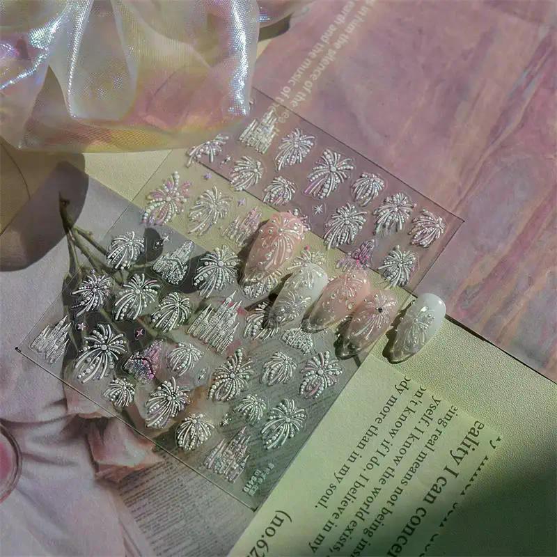 Joli Château de Feux d'Artifice Coloré Scintillant Romantique Pyrotechnie Gaufrage Autocollants Auto-adhésifs pour Art des Ongles Nouvel An Decals Manucure