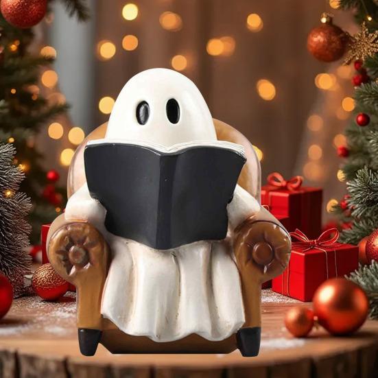 Halloween Ghost Figurine Resin Ghost Sitting on Sofa Reading Book Statue Vintage Table Decoration for Book Lovers Gifts