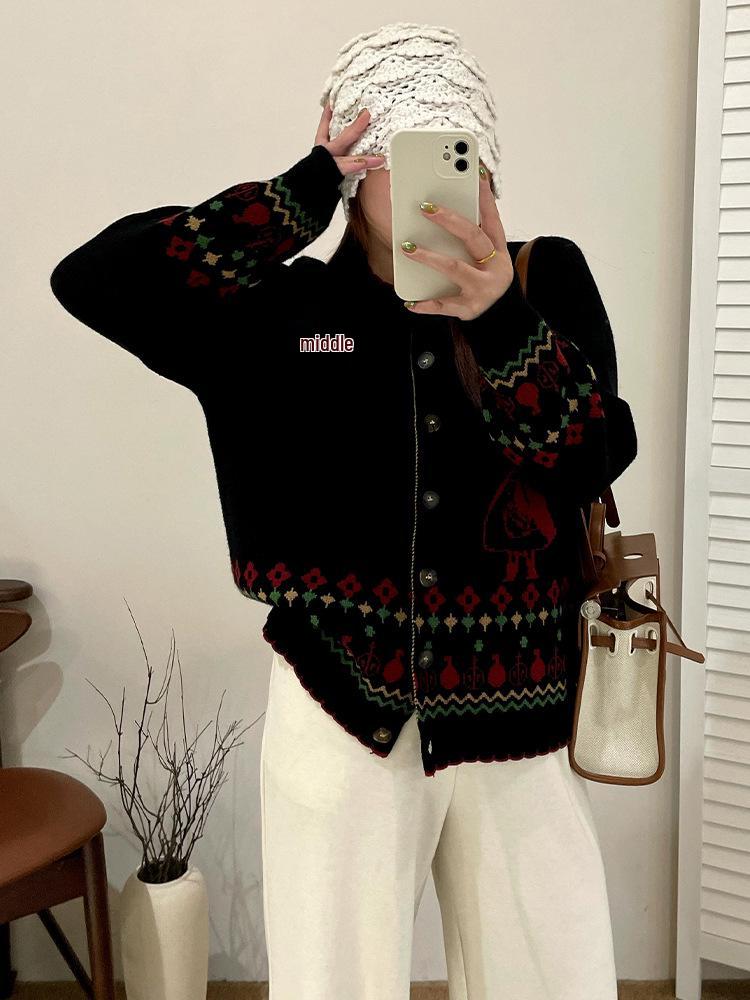 Plus Size Women's Retro Jacquard Sweater Coat, 2025 Winter Loose Knit Cardigan, Style 23538