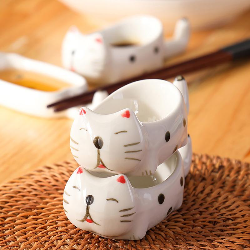 Cute Cat Ceramic Small Dish Mini Mustard Pesto Tomato Ketchup Soy Sauce Dish Seasoning Plates With Handle For Home Restaurant