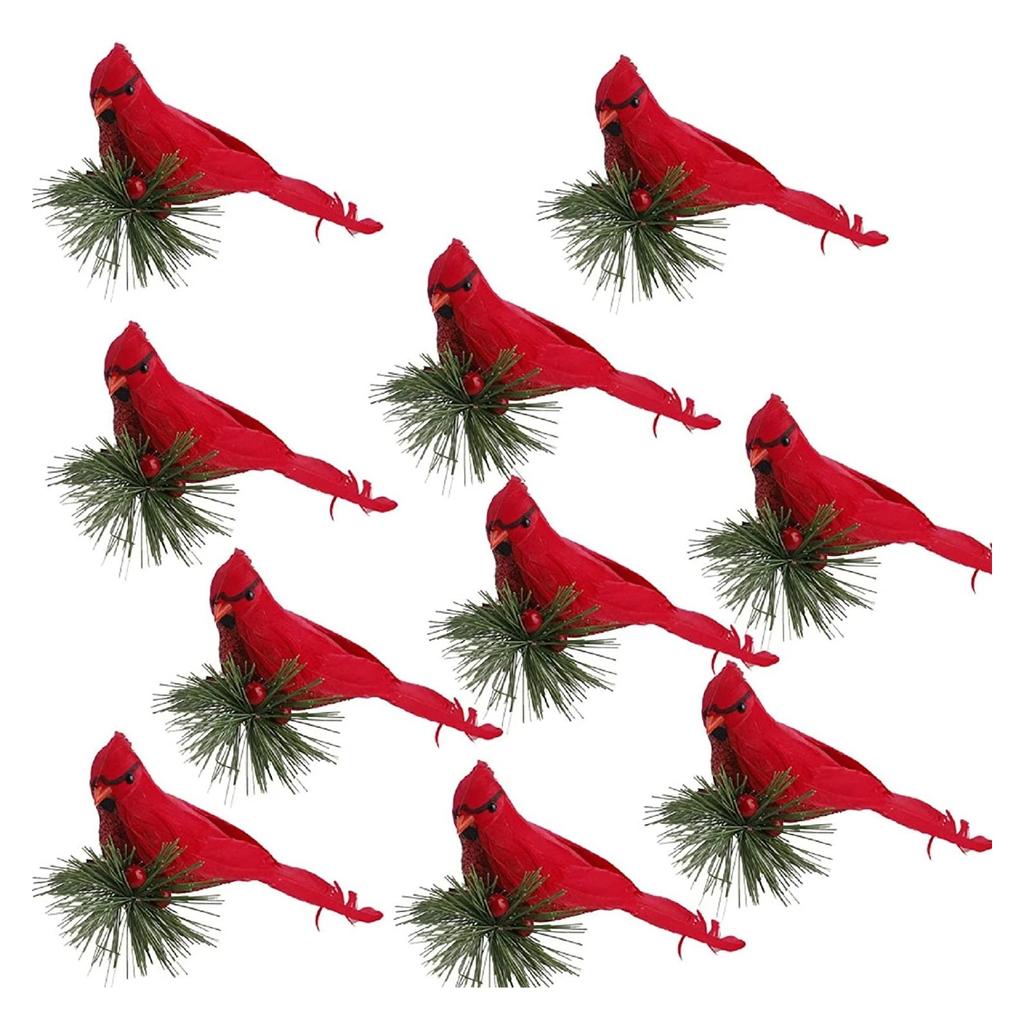 Clip-On Christmas Tree Decorations - Red Body And Feather And Tail - Set Of 10