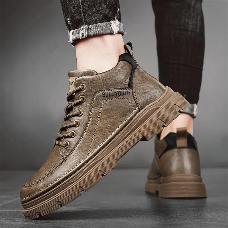 Fashion Leather Shoes for Men Lace Up Solid Color Round Toe Man Casual Boots New In Luxury Sale Low Price Adults Free Delivery Shipping