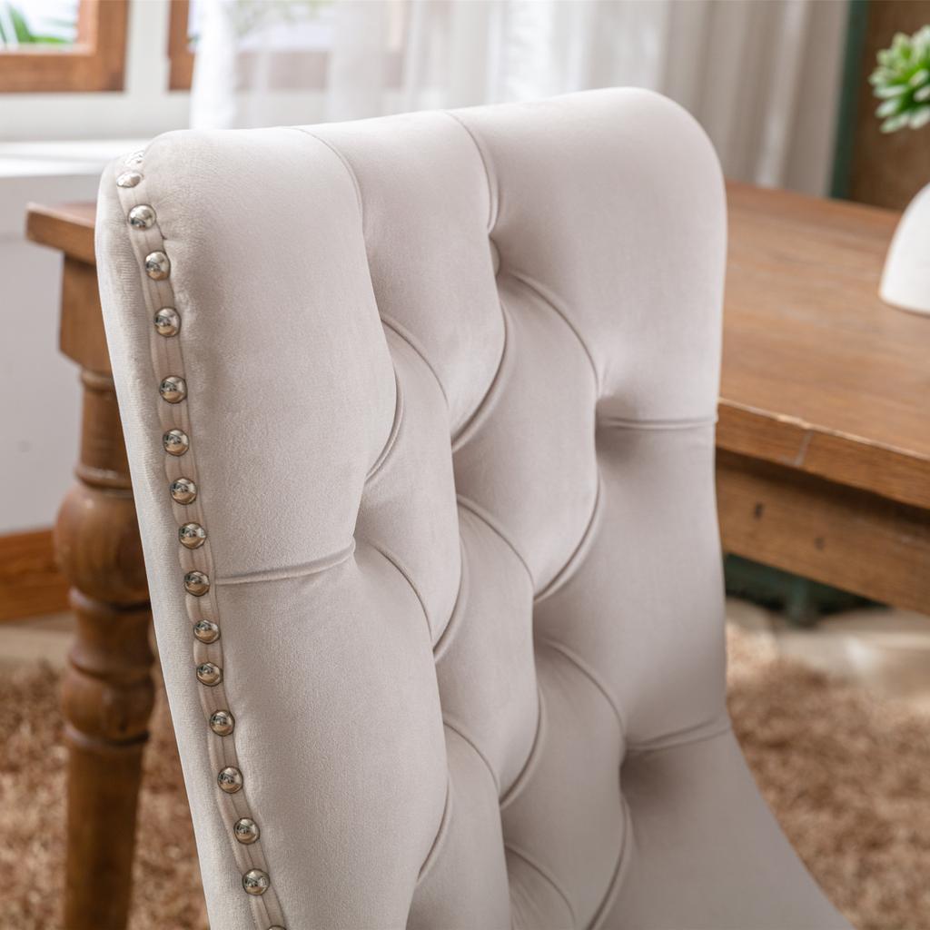 Nikki Collection High-end Tufted Solid Wood Contemporary Velvet Upholstered Dining Chair with Wood Legs Nailhead Trim 2-Pcs Set, Beige, DE2001BG