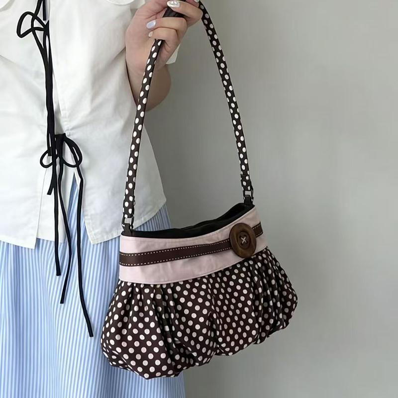 Vintage Polka Dot Shoulder Bag Women Butt Decor Ruched Crossbody Handbag Casual Minimalist Underarm Tote Bag Commute Shopping