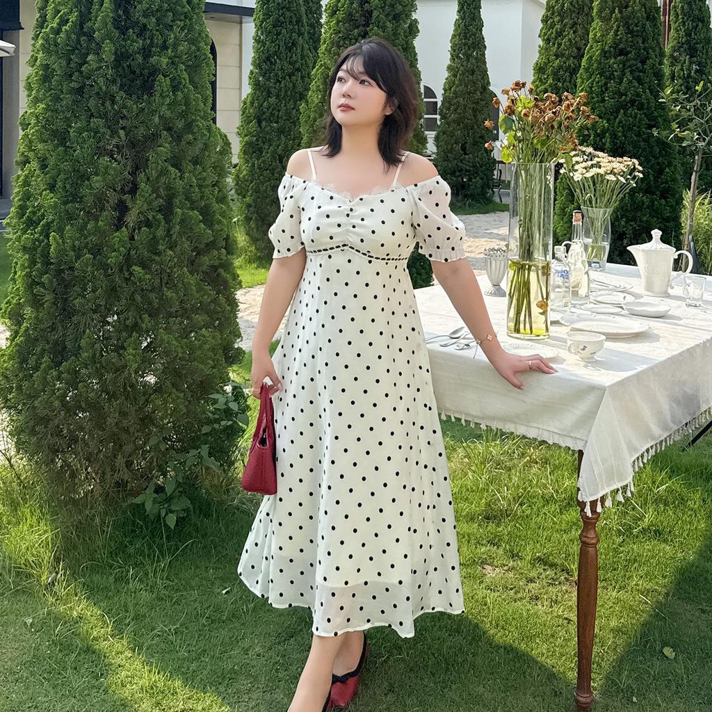 Large size women's Hepburn style polka dot dress 2026 summer waist thin elegant long skirt 254771