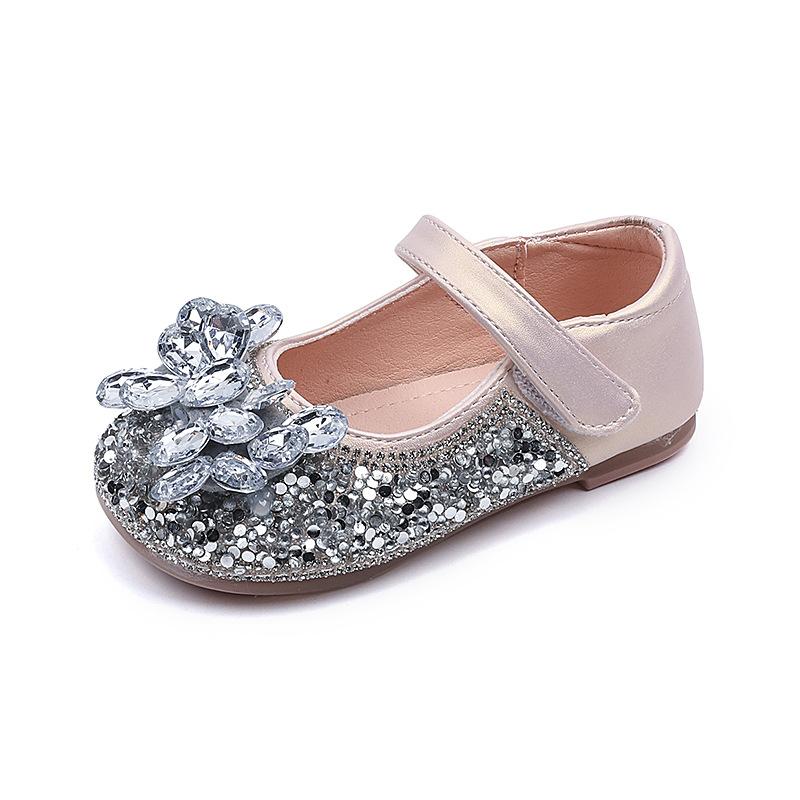 Girls Leather Shoes Shiny Crystal Sequins Kids Dress Shoes Wedding Dance 2025 New Children Flat Shoes Round Toes Sweet Hook&loop