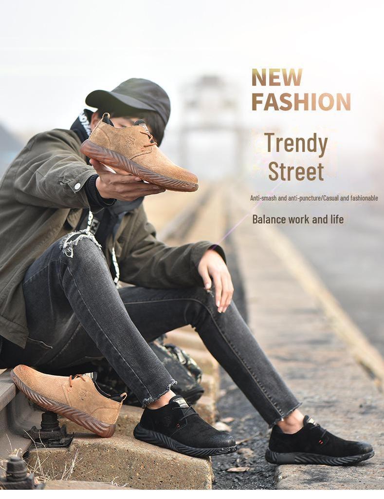 Men's Steel Toe Cap Lightweight Breathable Safety Work Shoes - Anti-Smash, Anti-Puncture, Non-Slip, Wear-Resistant Cowhide.