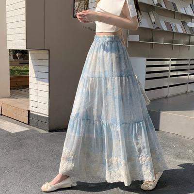 Blauer floraler Stufenrock Bestickt Hoher Bund A-Linie Maxi Französischer Ätherischer Stil QT2864