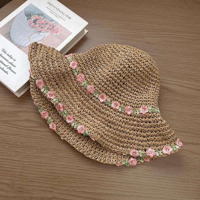 Lace bow big brim straw hat women's summer breathable sunshade sunscreen beach hat sweet bucket hat