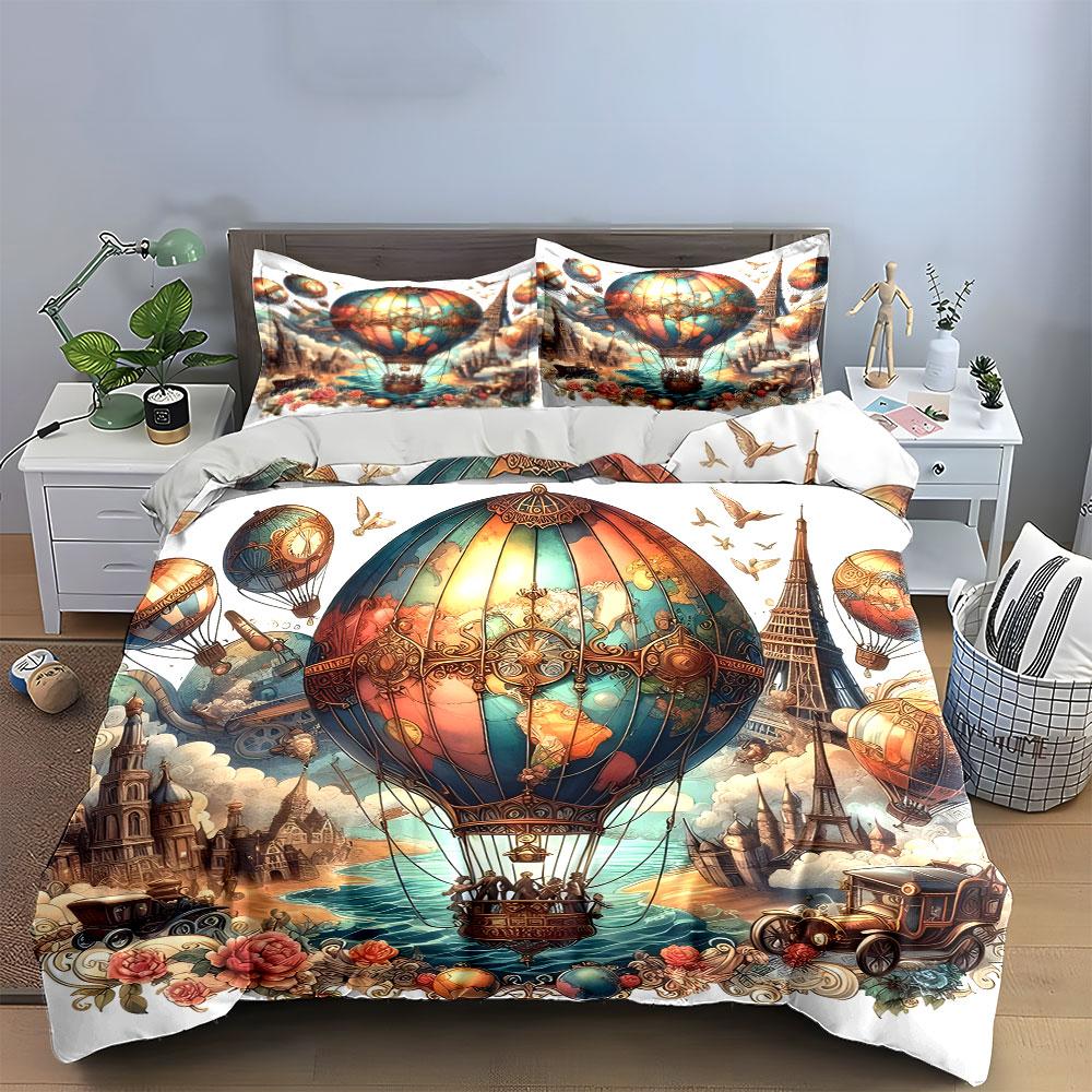 Vintage Hot Air Balloon Decor Multiple Sizes Kid'S And Adults' Bedroom Exquisite 3Pc Bedding Set, Gift