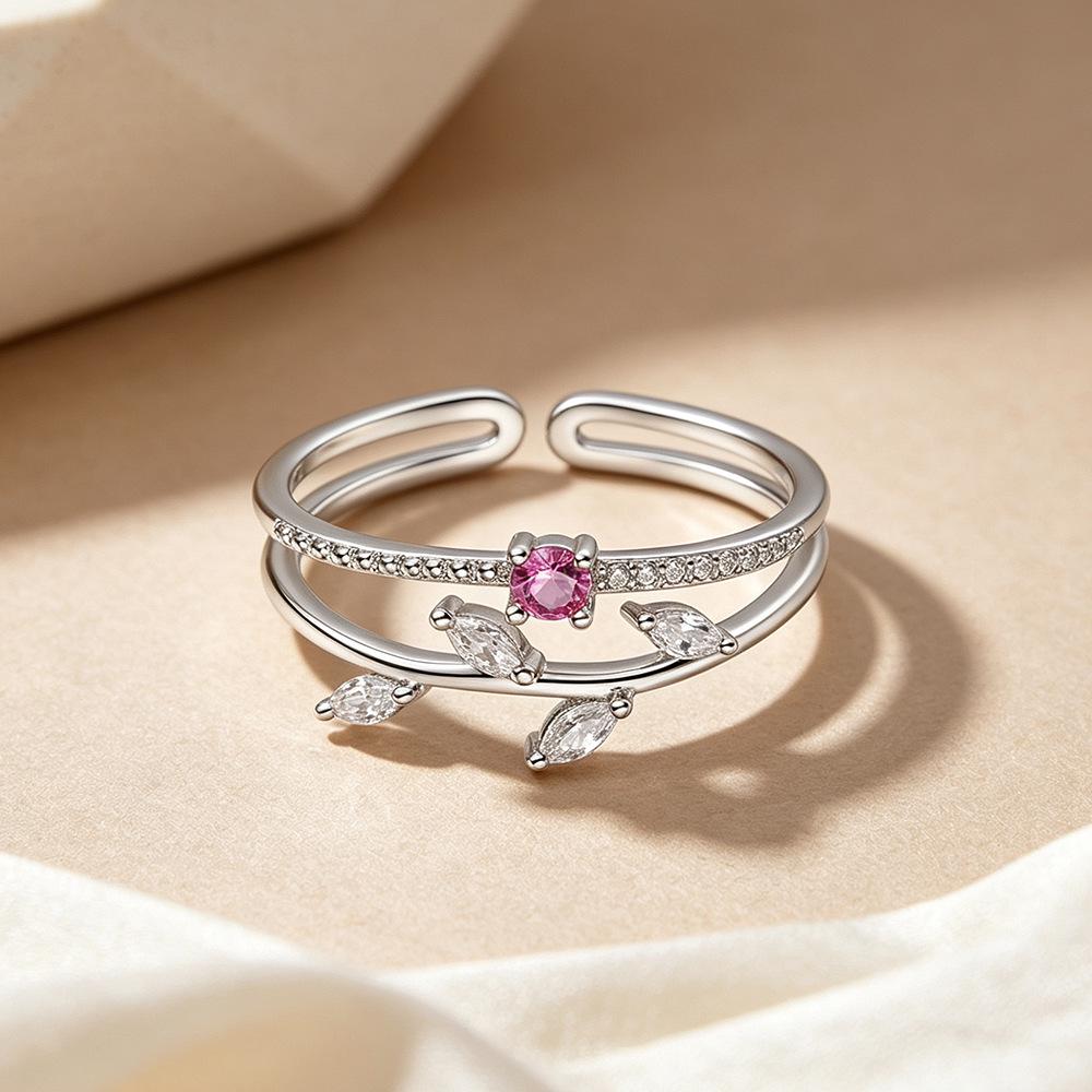 Elegant Zirconia Leaf Open Ring for Women - High-End European & American Style