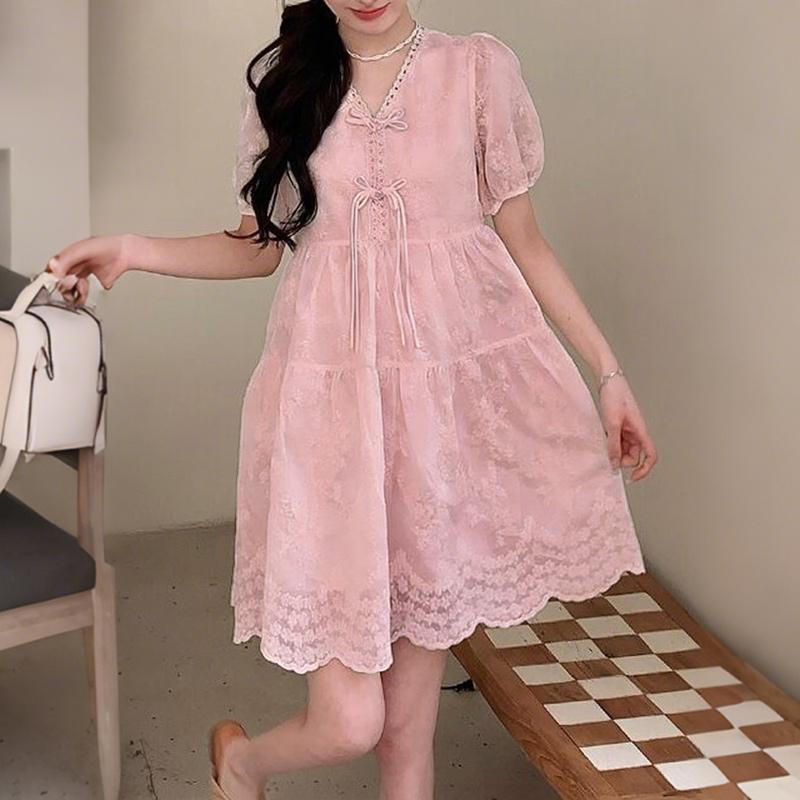 ZANZEA Women Casual V-Neck Summer Short Sleeve Lace Dress 2XL розовый