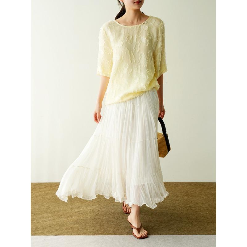 DIMANAF 2026 Summer Women New Skirts Solid Elastic Waist Pleated Mesh Elegant Skirts Yellow