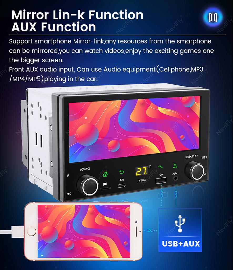 NaviFly For Universal 6.86" HD Touch Screen CarPlay Auto 2 Din Car Multimedia Video Player Supports Mobile Phone Charging GPS BT