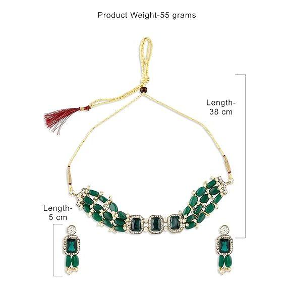 Green Beads Ethnic Choker Necklace Earring & Ring Set For Women