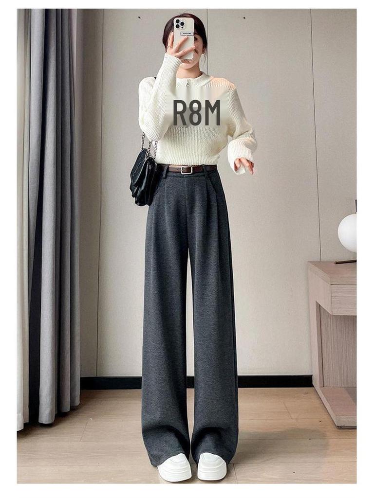 2025 Autumn/Winter High-Waisted Herringbone Wool Blend Wide-Leg Pants