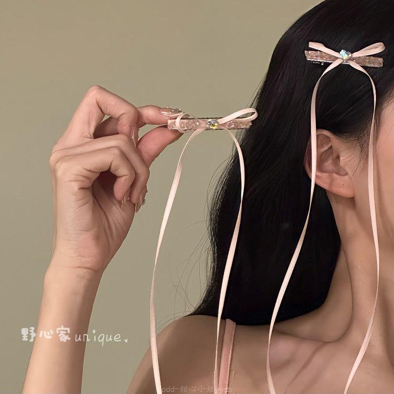 Glass bead bow fringed hairpin fashionable versatile high sense duck bill clip niche temperament super fairy hair accessories