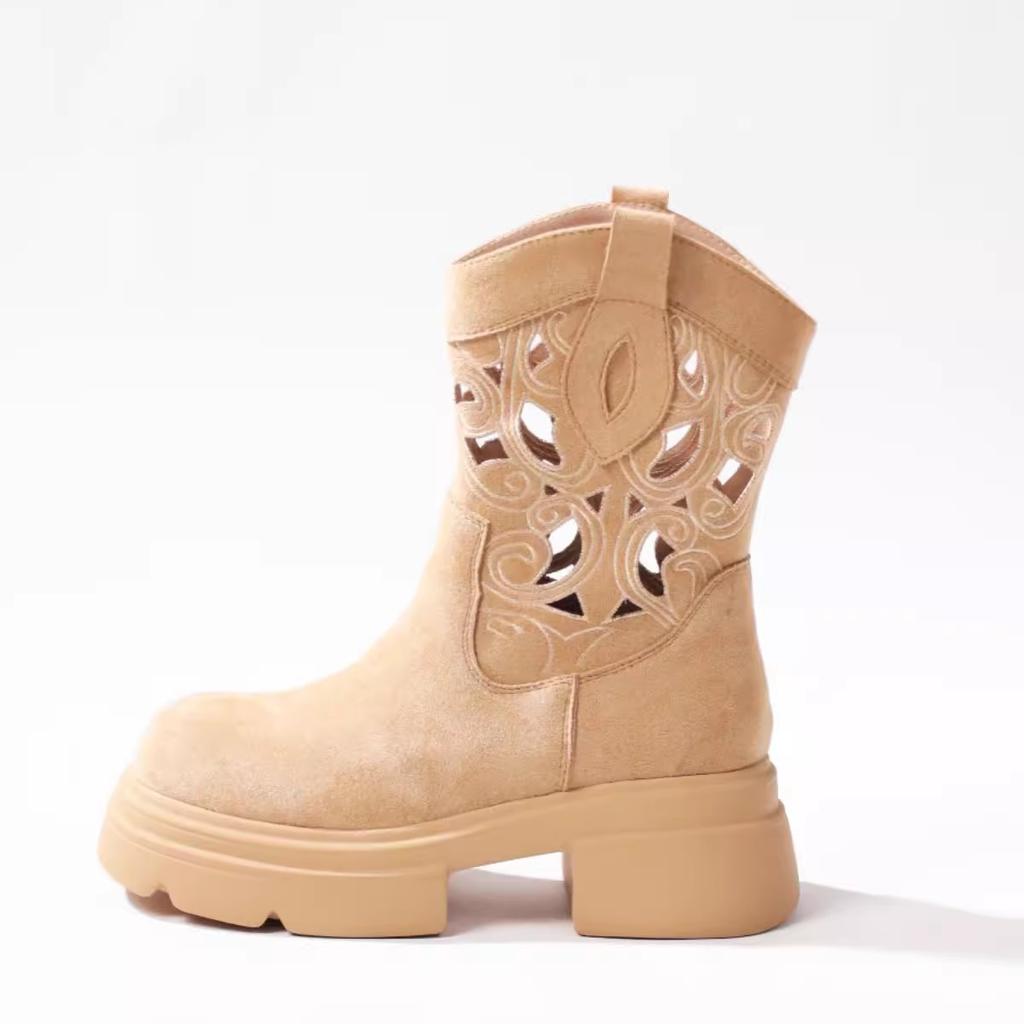 Summer retro western cowboy small short boots hollow breathable heightening women's boots