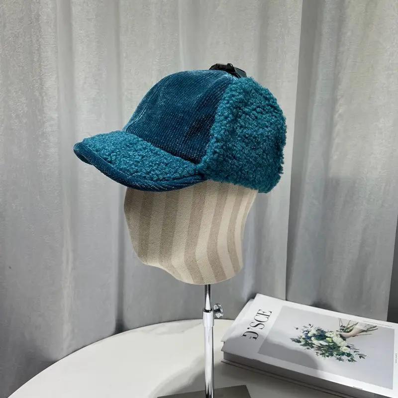 Japanese Corduroy Trapper Hat - Minimalist Solid Color Winter Ear Flaps Faux Shearling Thermal Cycling Cap Women