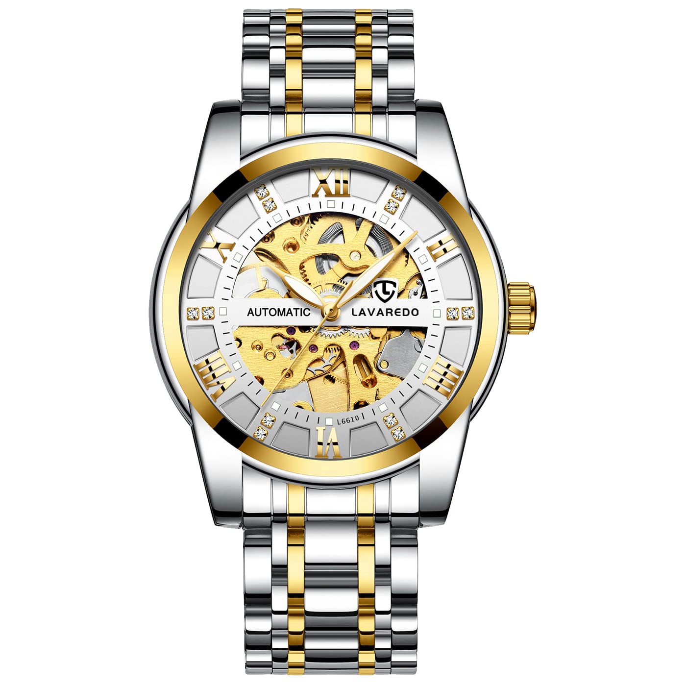 Tevise Men s Skeleton Automatic Watch Gold Stainless Steel Waterproof Luminescent Dial Diamonds Roman Numerals