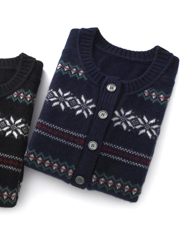Cashmere Women's Retro Jacquard Loose Knit Cardigan - Old Money Style, Autumn Winter Fair Isle