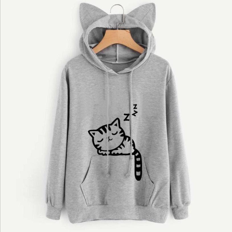 Plus Size Women Sweatshirt Cat Ear Funny Hoodie Kawaii Print Cat Cartoon Autumn Loose Casual Sweatshirts