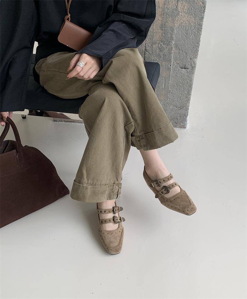 Punk Style Niche Double Buckle Belt Inner Height Increase Square Head Suede Mary Jane Shoes Women's Rivets Shallow Mouth Single Shoes