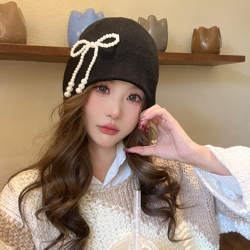 

Korean Pearl Bow Hat Women s Versatile Fashion Wool Hat Big Head Circumference Showing Face Small Ear Protection Knitted Cold Hat Trendy M（56-58cm）