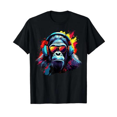 Dj Monkey With Headphones And Sunglasses Music Party T Shirt Black Vintage Unisex Breathable Stretched Stylish
