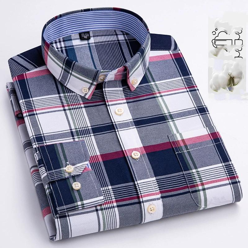 

Весенне-осенняя мужская рубашка из ткани Оксфорд, хлопковая рубашка с длинным рукавом в повседневном стиле, приталенная клетчатая повседневная хлопковая рубашка L