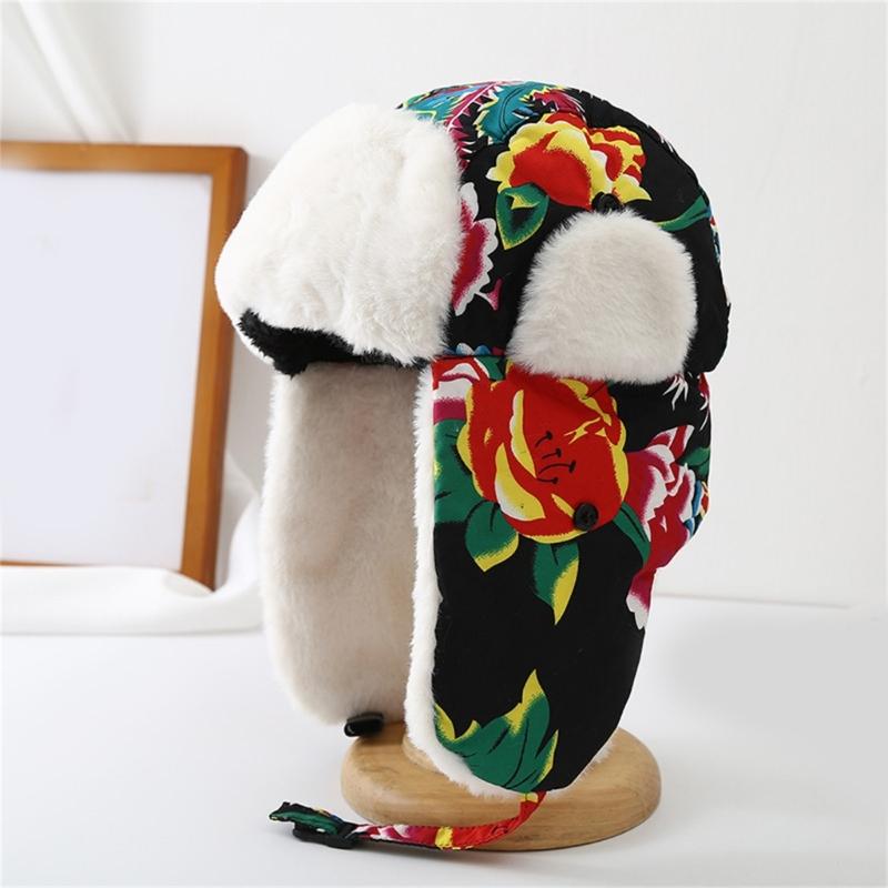 Ethnic Warm Hat Trapper Hat Stylish Floral Caps Warm Hat Ushanka Hat for Outdoor Winter Mask for Skiing Camping Hiking