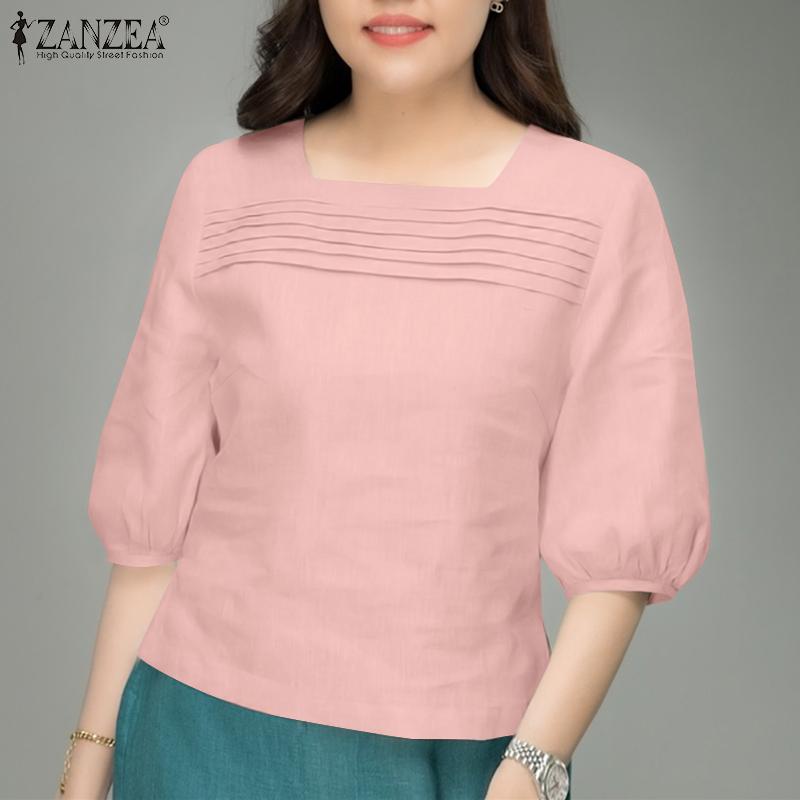 ZANZEA Women Casual Square Collar Loose Half Sleeve Plain Blouse
