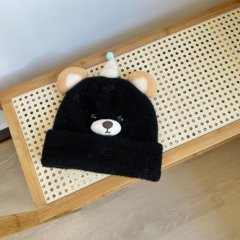 Autumn and Winter Children's Hats Cute Bear Wool Knitted Hat Double Layer Warm and Cold-proof Ear Protection Hat Pullover Woolen Hat