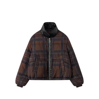 Winter New Stand-up Collar Cotton-padded Jacket Coat Women's Contrast Plaid Bread Short Double-sided Padded Coat.